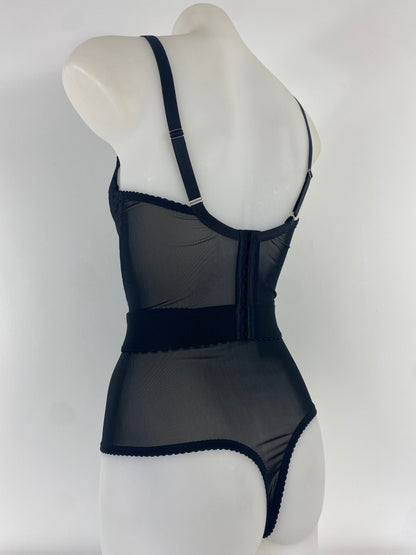 Black Cameo high waisted black lace thong with one-piece shaping mesh body and no side or back seams