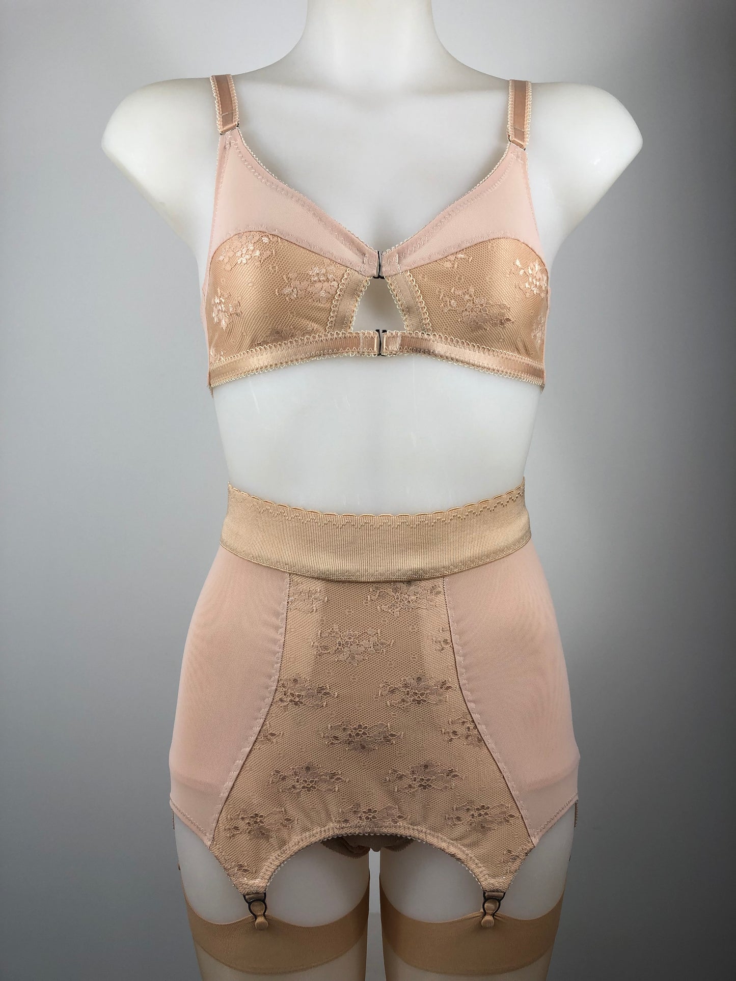 Peachy Beige lace lingerie. 1950s nude faux vintage underwear range odette. Offering longline bra, longline girdle, 6 strap garter belt and pantie girdle high waisted knickers with detachable suspender straps