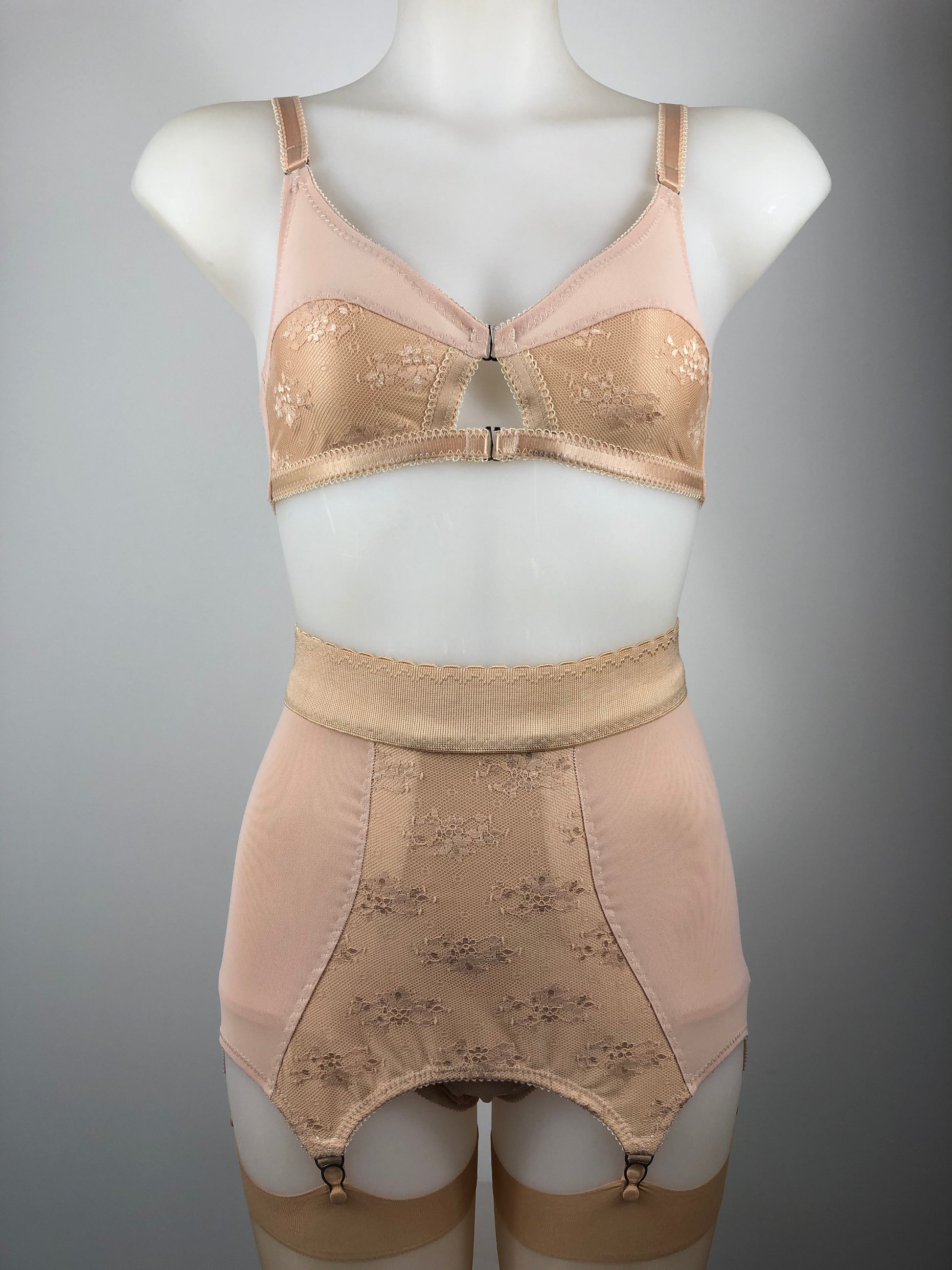 Peachy Beige lace lingerie. 1950s nude faux vintage underwear range odette. Offering longline bra, longline girdle, 6 strap garter belt and pantie girdle high waisted knickers with detachable suspender straps