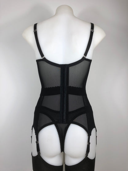 Sheer see through black mesh thong. Transparent fetish bettie page pin up inspired lingerie underwear. Girdlette, soft bra and underwired corselette also available