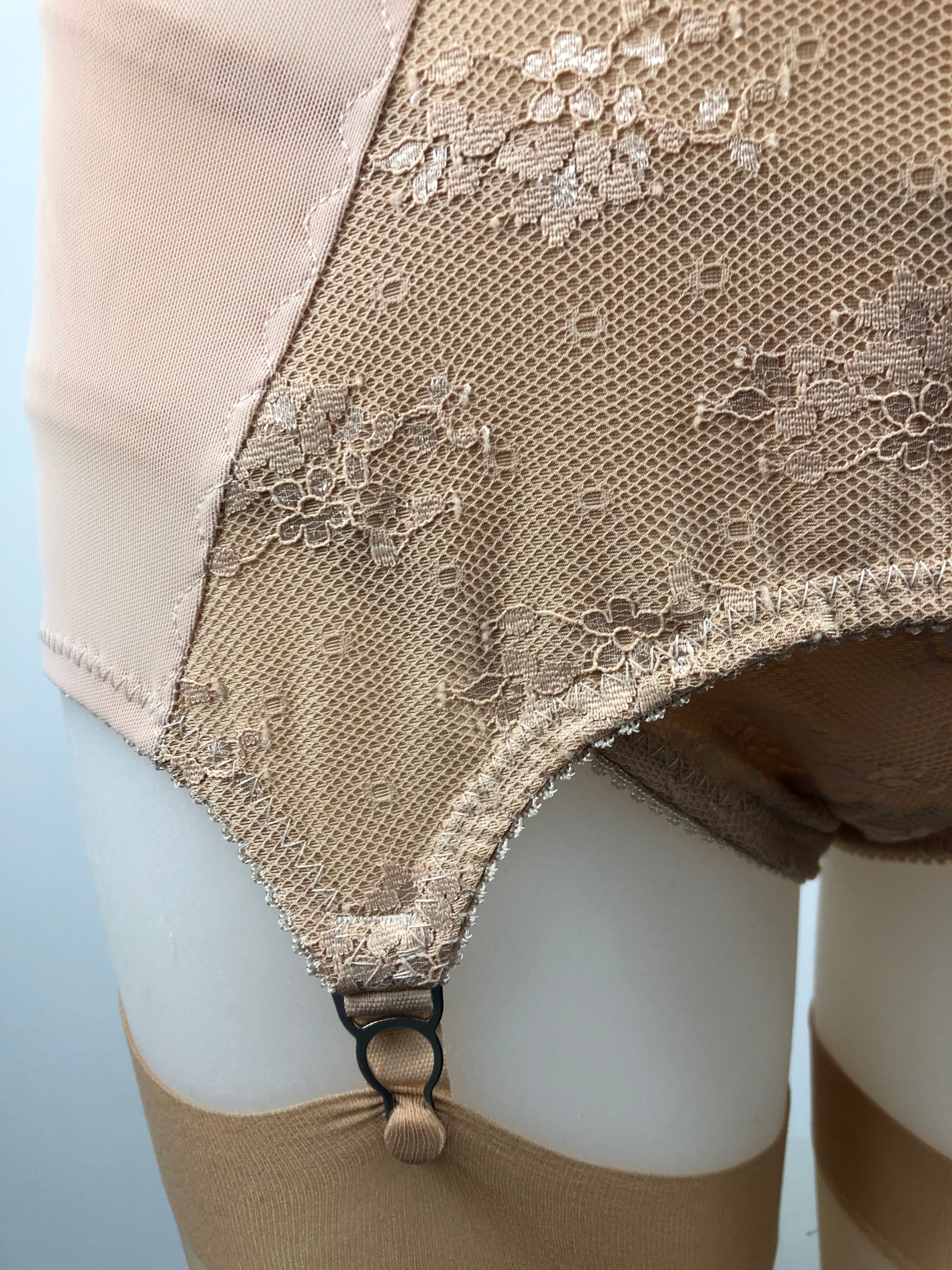 Peachy Beige lace lingerie. 1950s nude faux vintage underwear range odette. Offering longline bra, longline girdle, 6 strap garter belt and pantie girdle high waisted knickers with detachable suspender straps