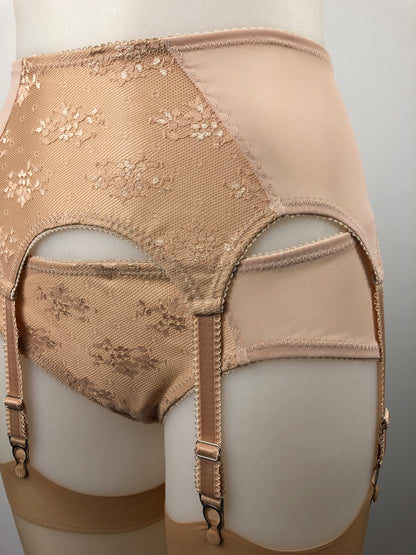 Peachy Beige lace lingerie. 1950s nude faux vintage underwear range odette. Offering longline bra, longline girdle, 6 strap garter belt and pantie girdle high waisted knickers with detachable suspender straps