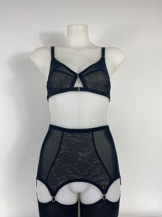 Black Cameo 6 strap mini girdlette in black lace and mesh with six steel suspender straps