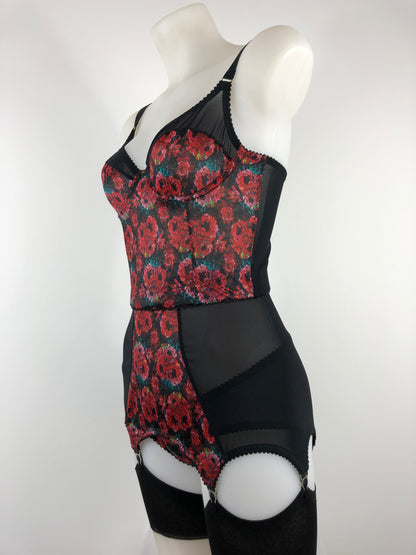love witch inspired lingerie set. Soft front fastening bra and size strap girdlette inspired by the anna biller film. Used a rich red floral brocade style pattern with black mesh and trims. Ideal gothic, spiritual, witchy underwear