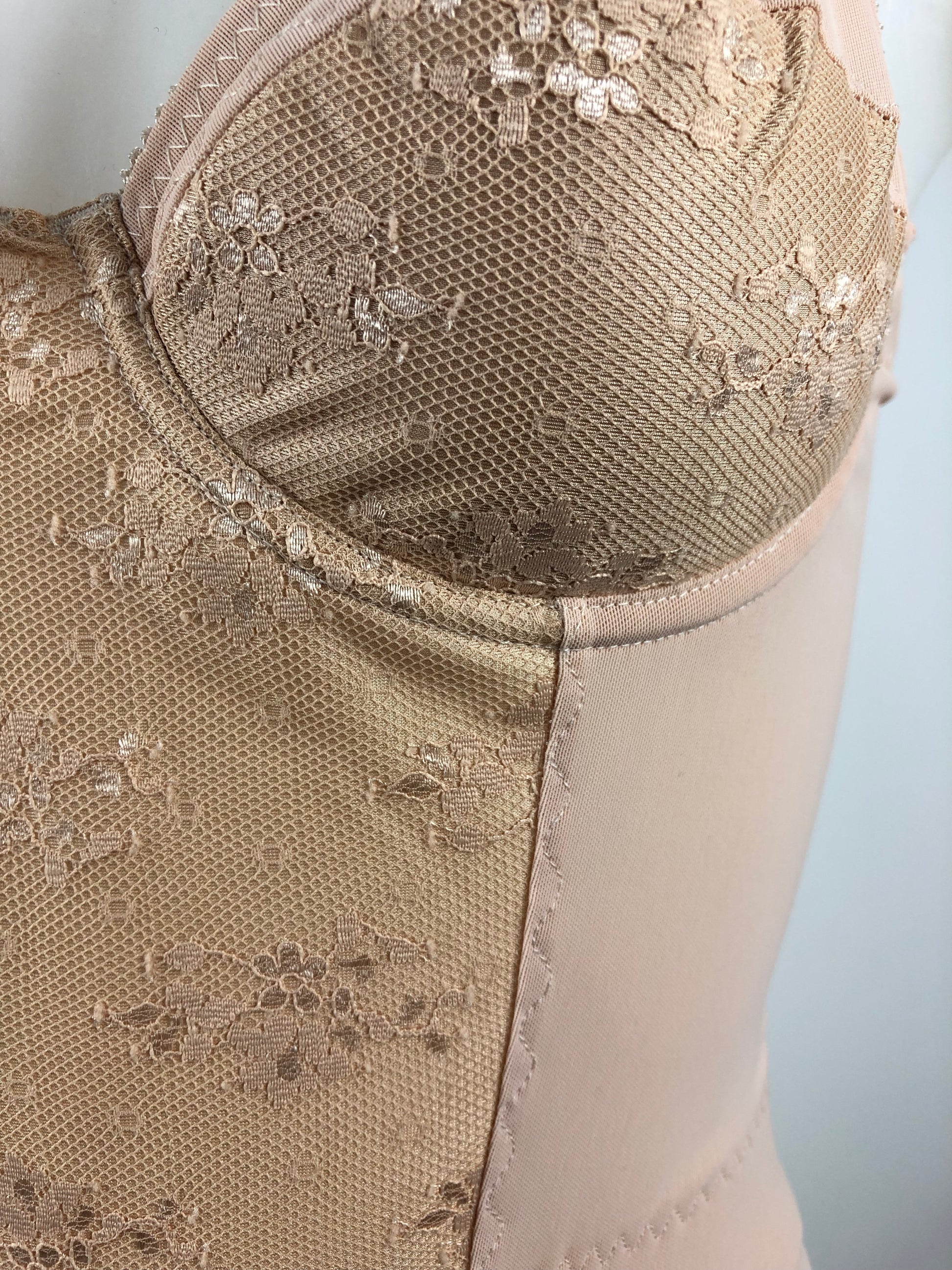 Peachy Beige lace lingerie. 1950s nude faux vintage underwear range odette. Offering longline bra, longline girdle, 6 strap garter belt and pantie girdle high waisted knickers with detachable suspender straps