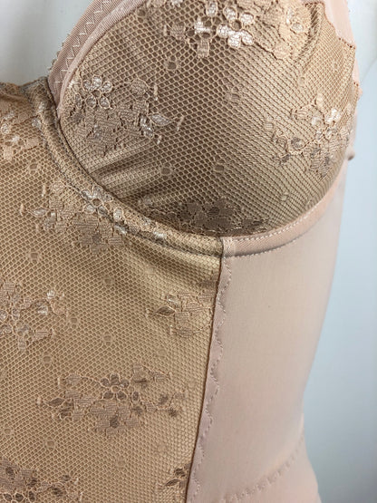 Peachy Beige lace lingerie. 1950s nude faux vintage underwear range odette. Offering longline bra, longline girdle, 6 strap garter belt and pantie girdle high waisted knickers with detachable suspender straps