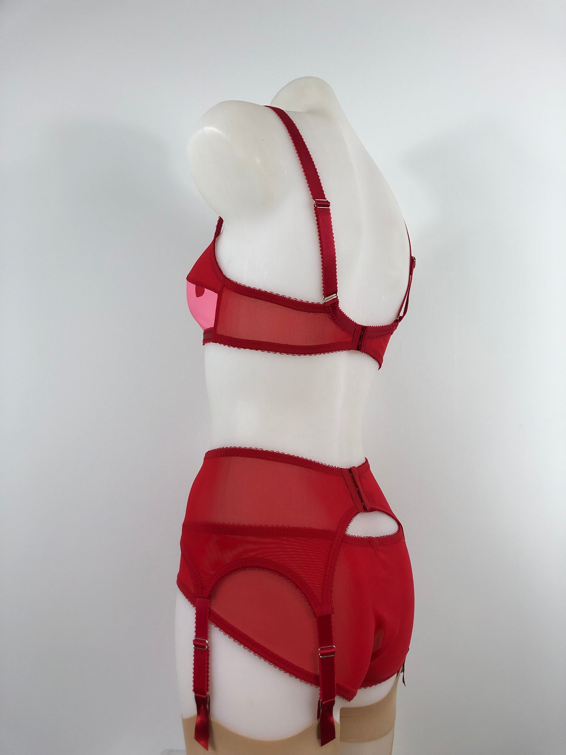 red and pink heart lingerie. vintage inspired classic cut panties knickers with pink heart front and red mesh sides, perfect for valentines cheesecake pin ups,  A fun, bold, playful retro inspired underwear set