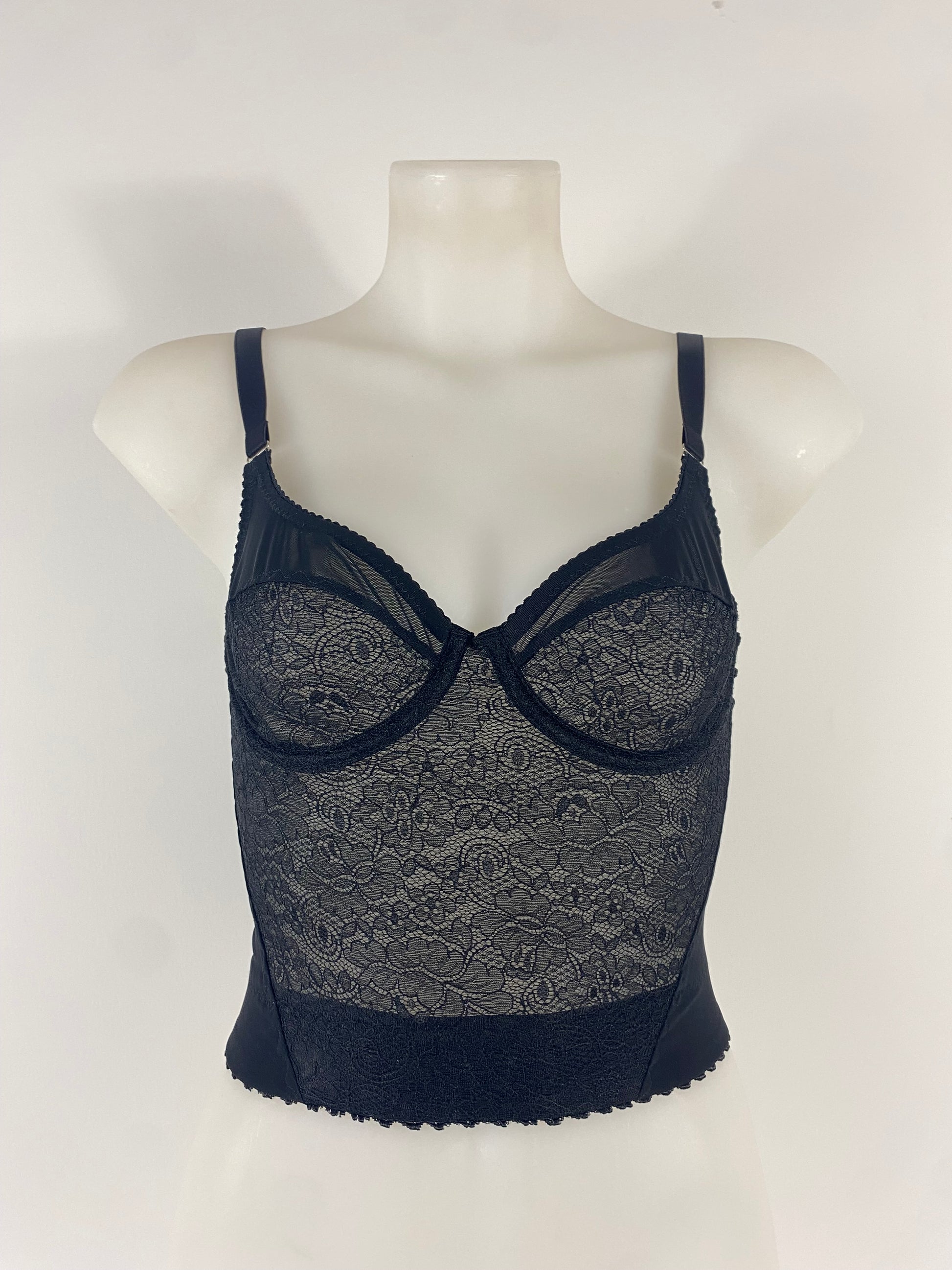 Black Cameo longline underwired bra in black lace and mesh with supportive longline waistband