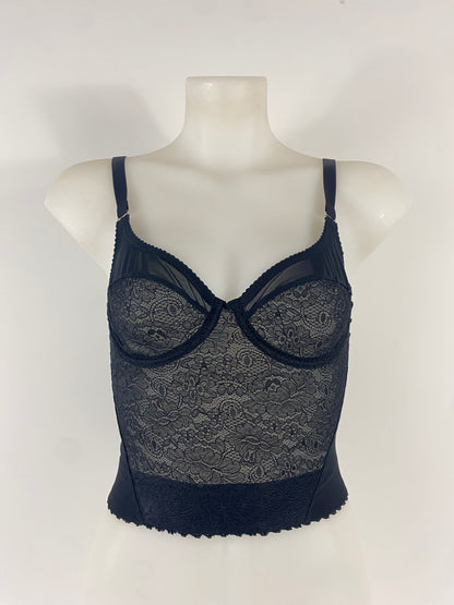 Black Cameo longline underwired bra in black lace and mesh with supportive longline waistband