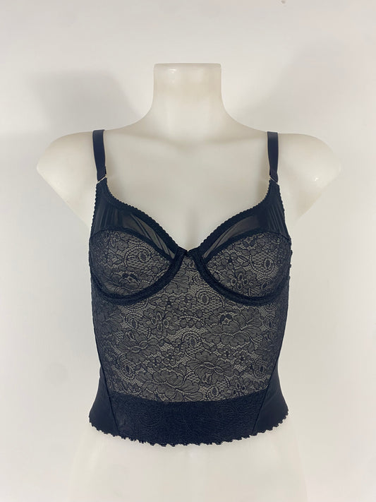 Black Cameo longline underwired bra in black lace and mesh with supportive longline waistband