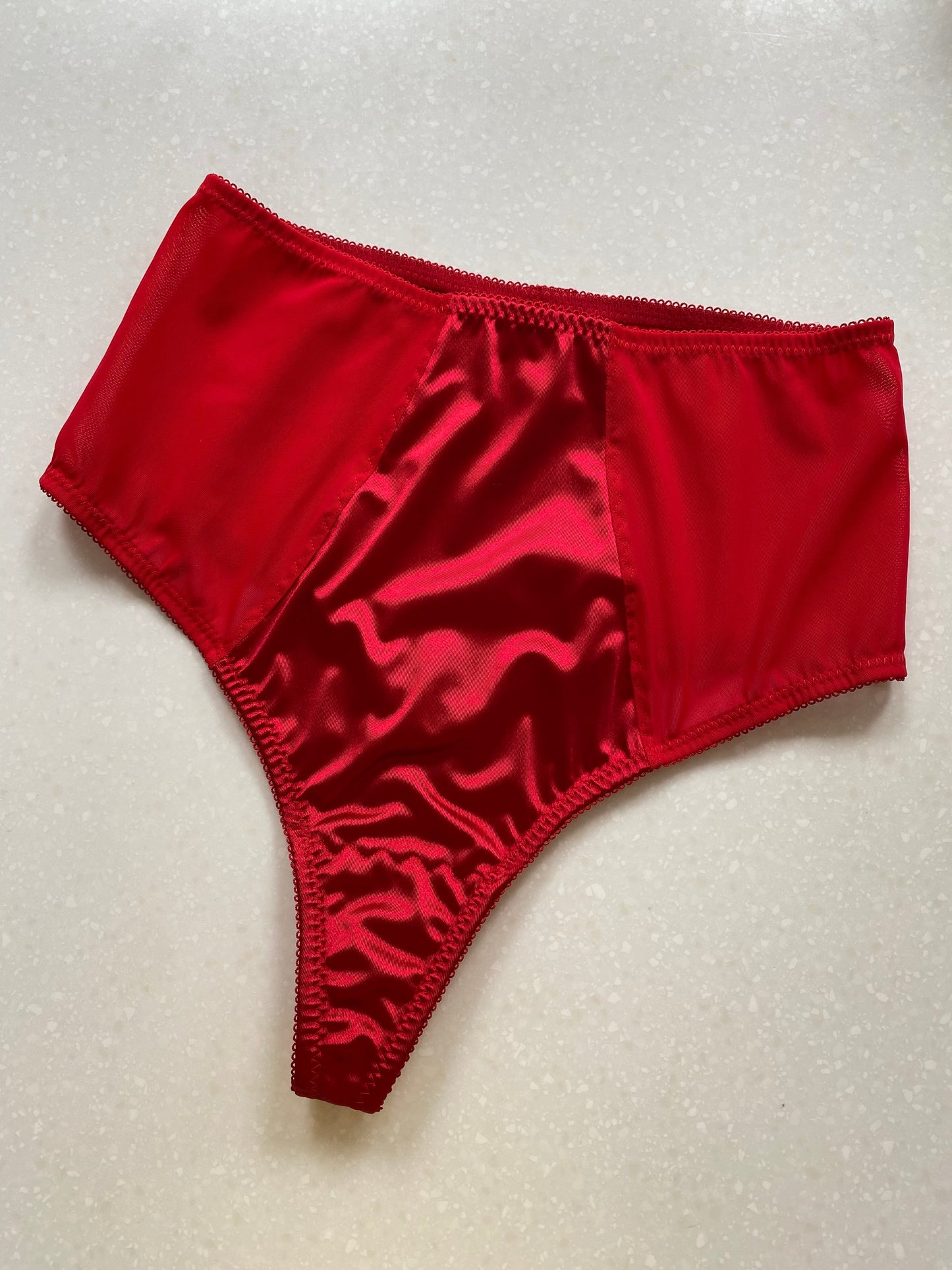 red satin high waisted thong, vintage style