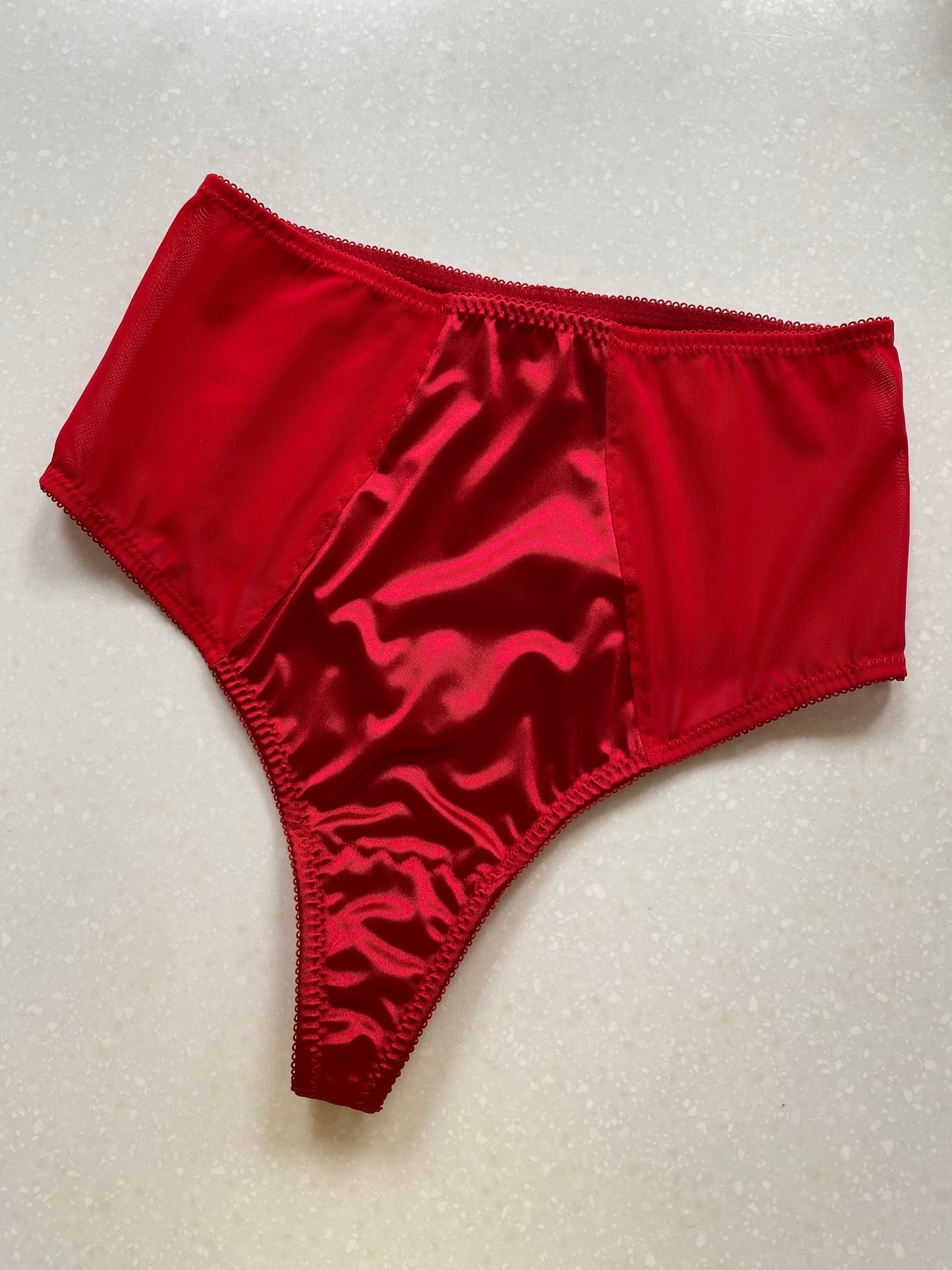 red satin high waisted thong, vintage style