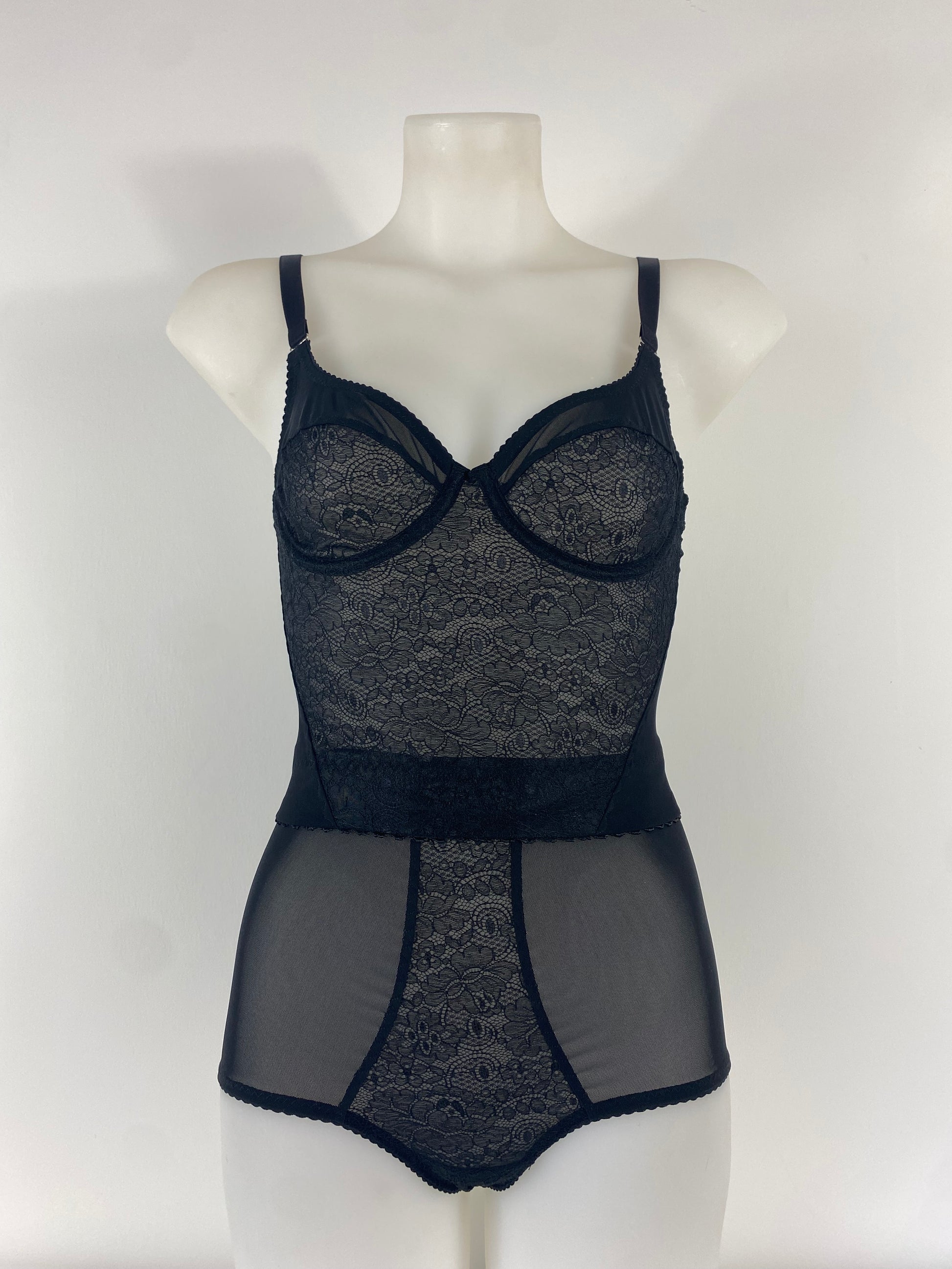 Black Cameo high waisted black lace thong with one-piece shaping mesh body and no side or back seams