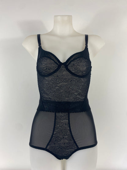 Black Cameo high waisted black lace thong with one-piece shaping mesh body and no side or back seams