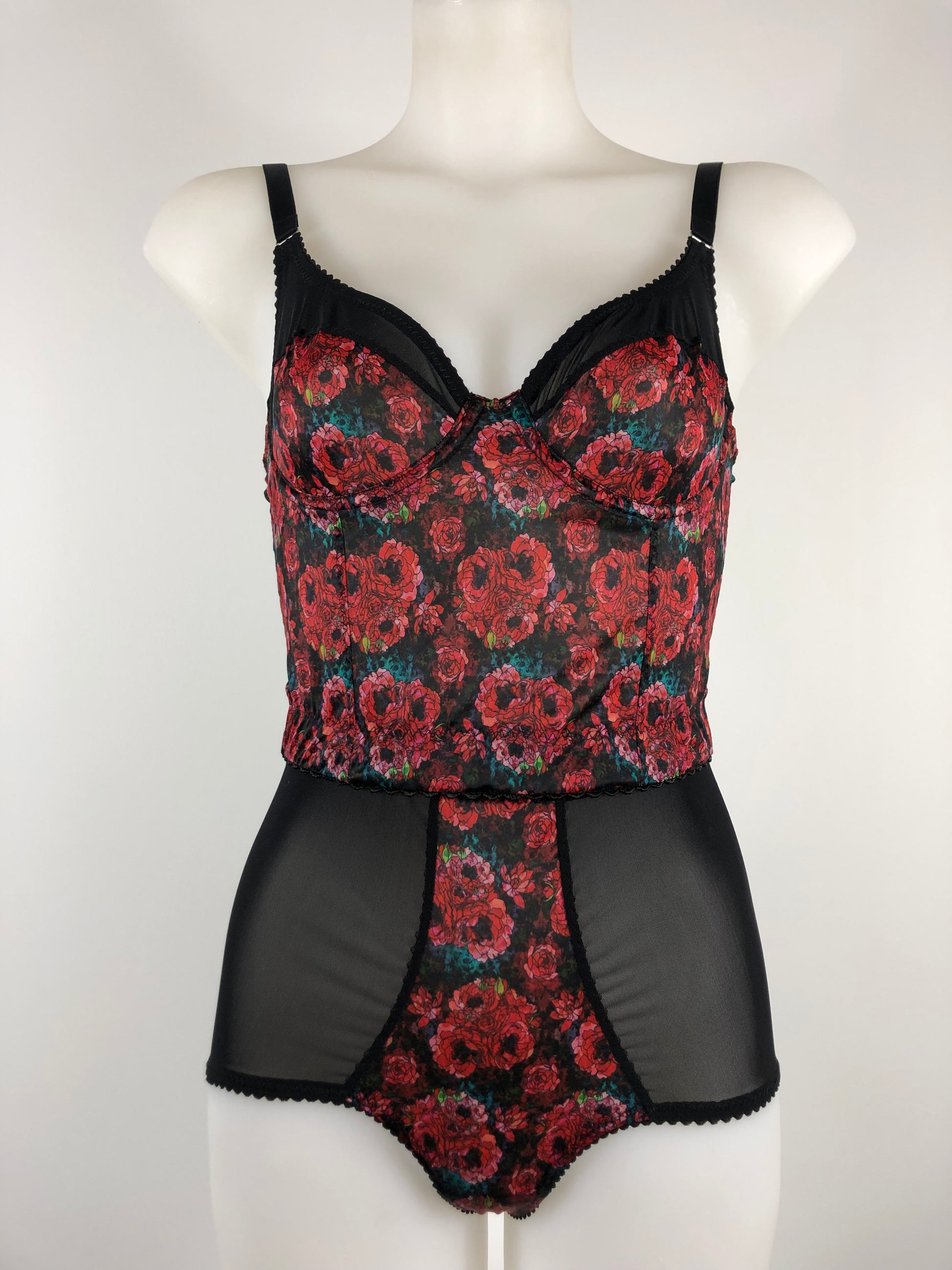 love witch inspired lingerie set. high waisted knicker  pantie girdle inspired by the anna biller film. Used a rich red floral brocade style pattern with black mesh and trims. Ideal gothic, spiritual, witchy underwear