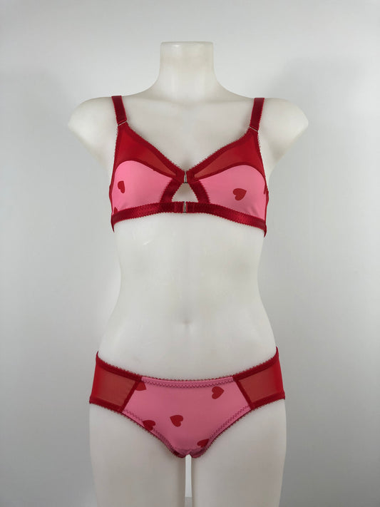 red and pink heart lingerie. vintage inspired classic cut panties knickers with pink heart front and red mesh sides, perfect for valentines cheesecake pin ups,  A fun, bold, playful retro inspired underwear set