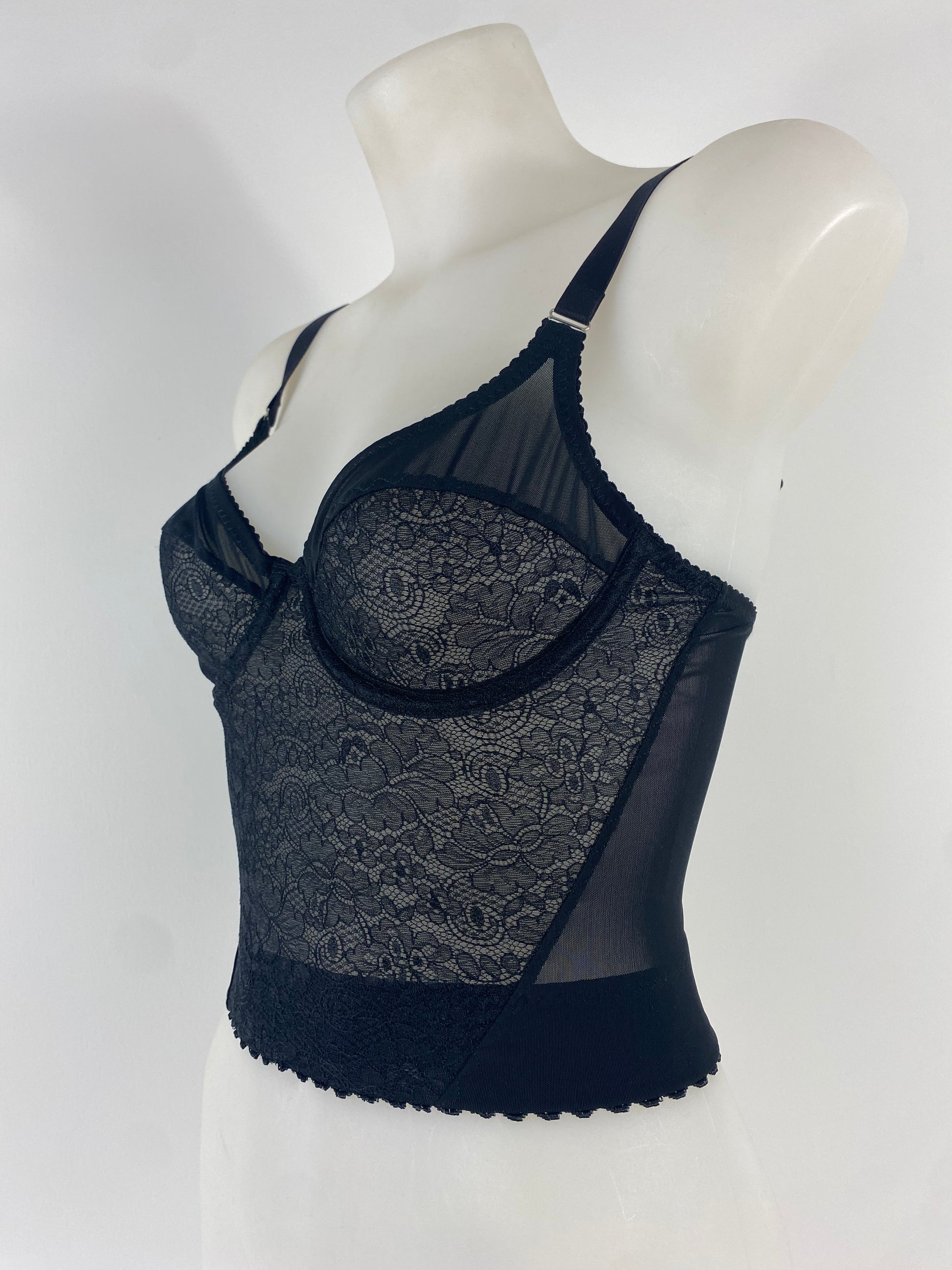 Black Cameo longline underwired bra in black lace and mesh with supportive longline waistband