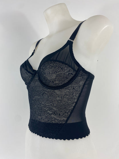 Black Cameo longline underwired bra in black lace and mesh with supportive longline waistband