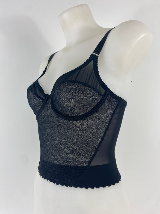 Black Cameo longline underwired bra in black lace and mesh with supportive longline waistband