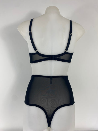 Black Cameo high waisted black lace thong with one-piece shaping mesh body and no side or back seams