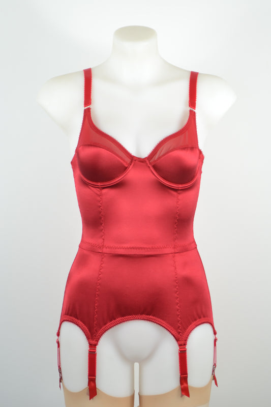 Underwired corselette in red satin shapewear lingerie. Vintage inspired valentines underwear. Red shapewear satin and red power net underwired bra, six strap suspender belt with steel garter clips and classic cut knicker or high waisted pantie girdle. Custom made red lingerie made to order in the UK. Red satin underwear with no lace. Perfect for Christmas and Valentines