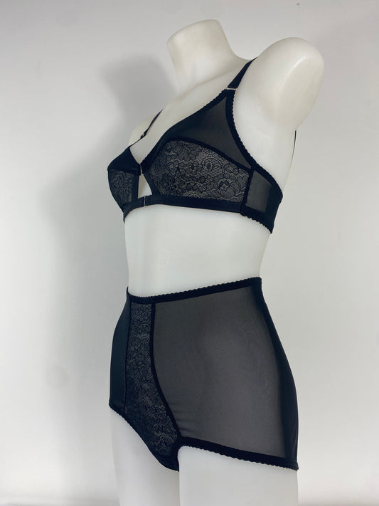 Black Cameo high waisted black lace knicker with one-piece shaping mesh body and no side or back seams