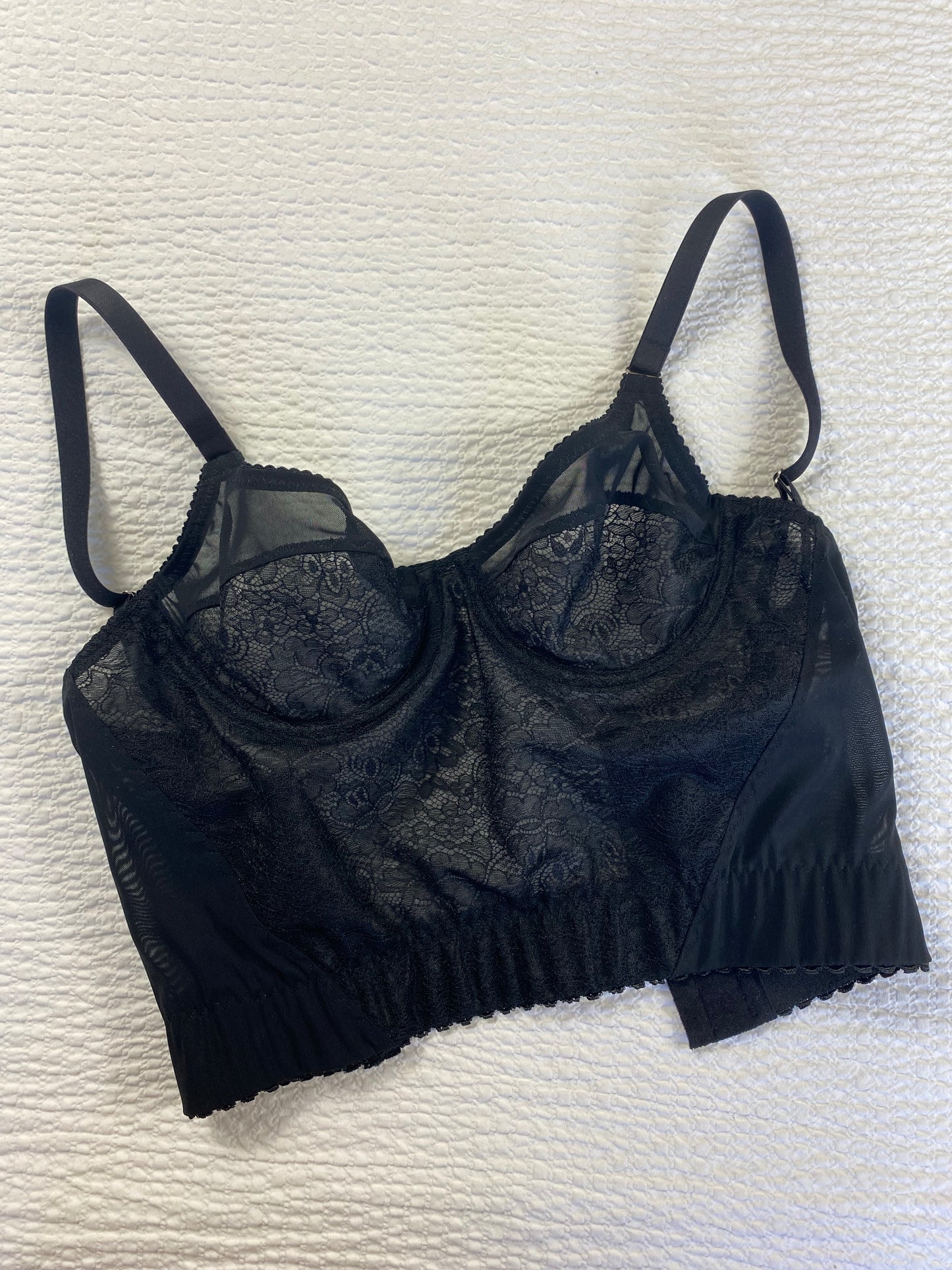 Black Cameo longline underwired bra in black lace and mesh with supportive longline waistband