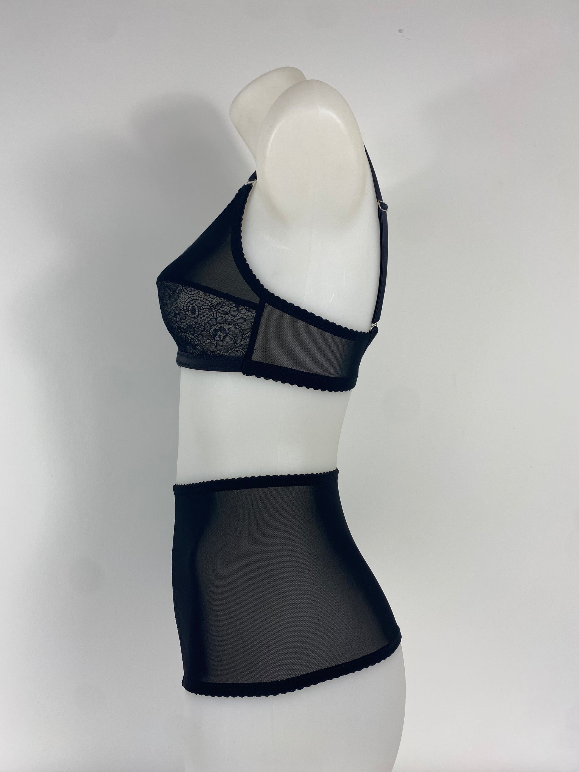 Black Cameo high waisted black lace thong with one-piece shaping mesh body and no side or back seams