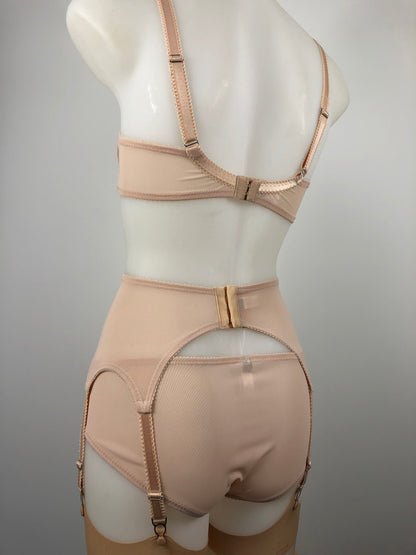 Peachy Beige lace lingerie. 1950s nude faux vintage underwear range odette. Offering longline bra, longline girdle, 6 strap garter belt and pantie girdle high waisted knickers with detachable suspender straps