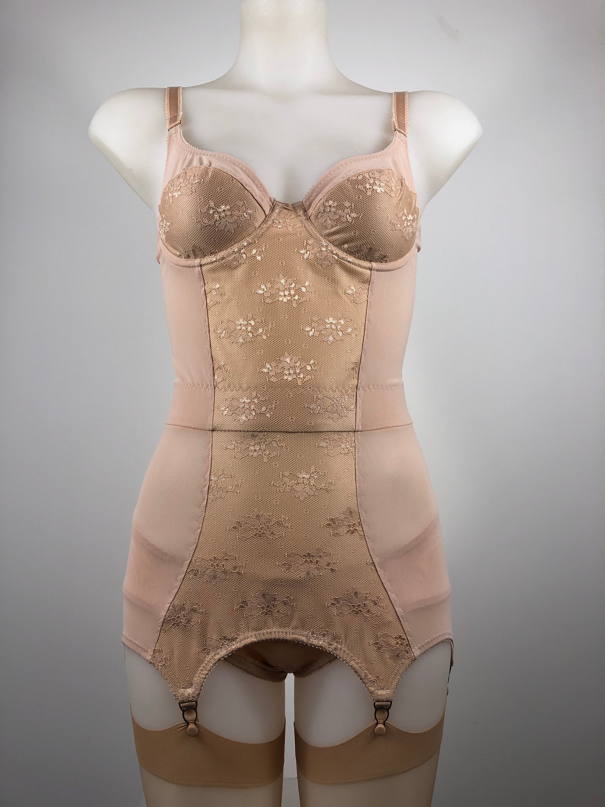 Peachy Beige lace lingerie. 1950s nude faux vintage underwear range odette. Offering longline bra, longline girdle, 6 strap garter belt and pantie girdle high waisted knickers with detachable suspender straps
