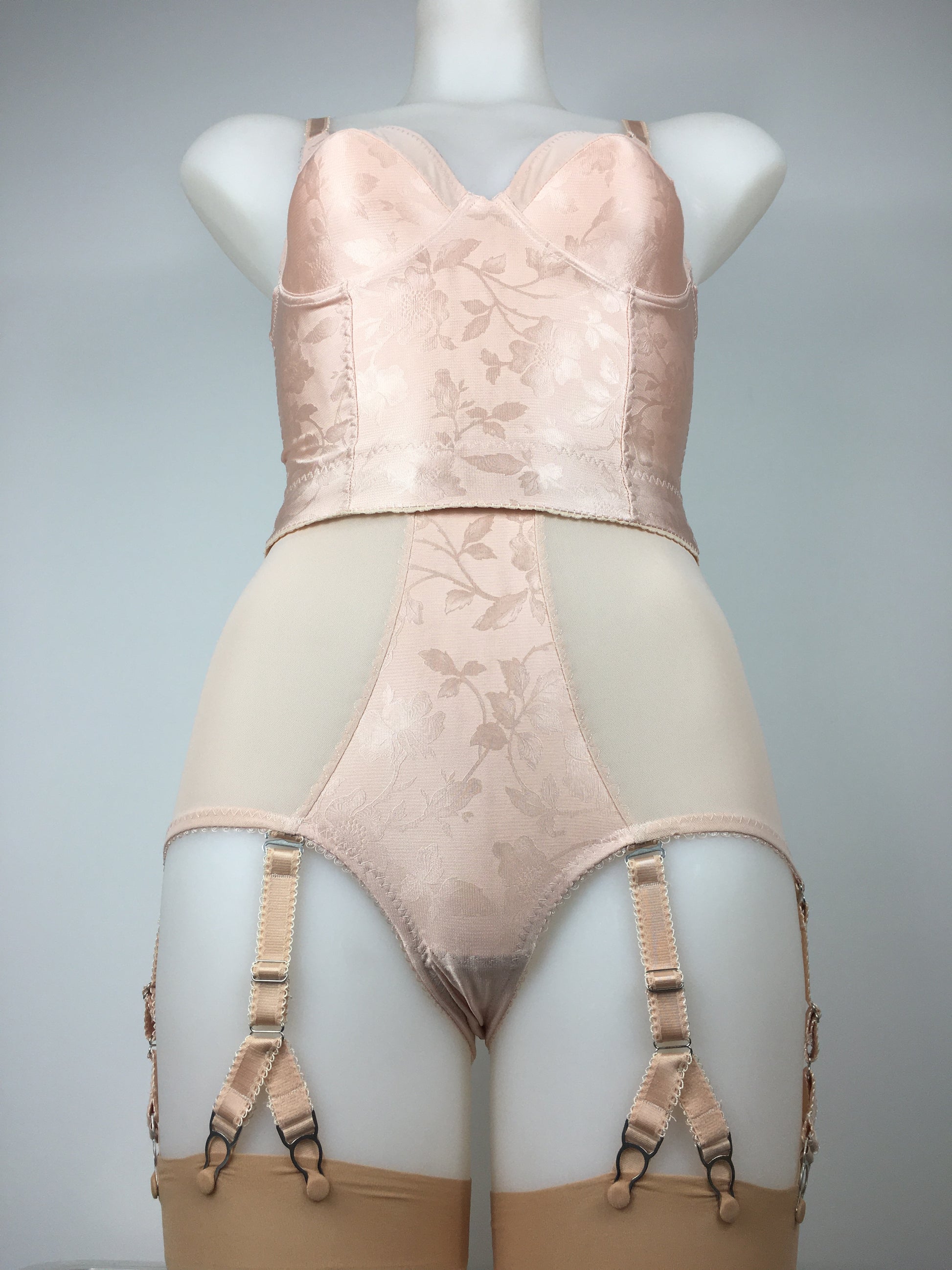 Our most authentic looking vintage inspired lingerie yet. Perfect peachy satin pantie girdle or high waisted knicker with 6 detachable Y straps, characteristic of pip and pantalaimon. Nude big shapewear knickers with garter straps to keep your seamed stockings in place all day. Fabulous faux and reproduction lingerie made in the uk