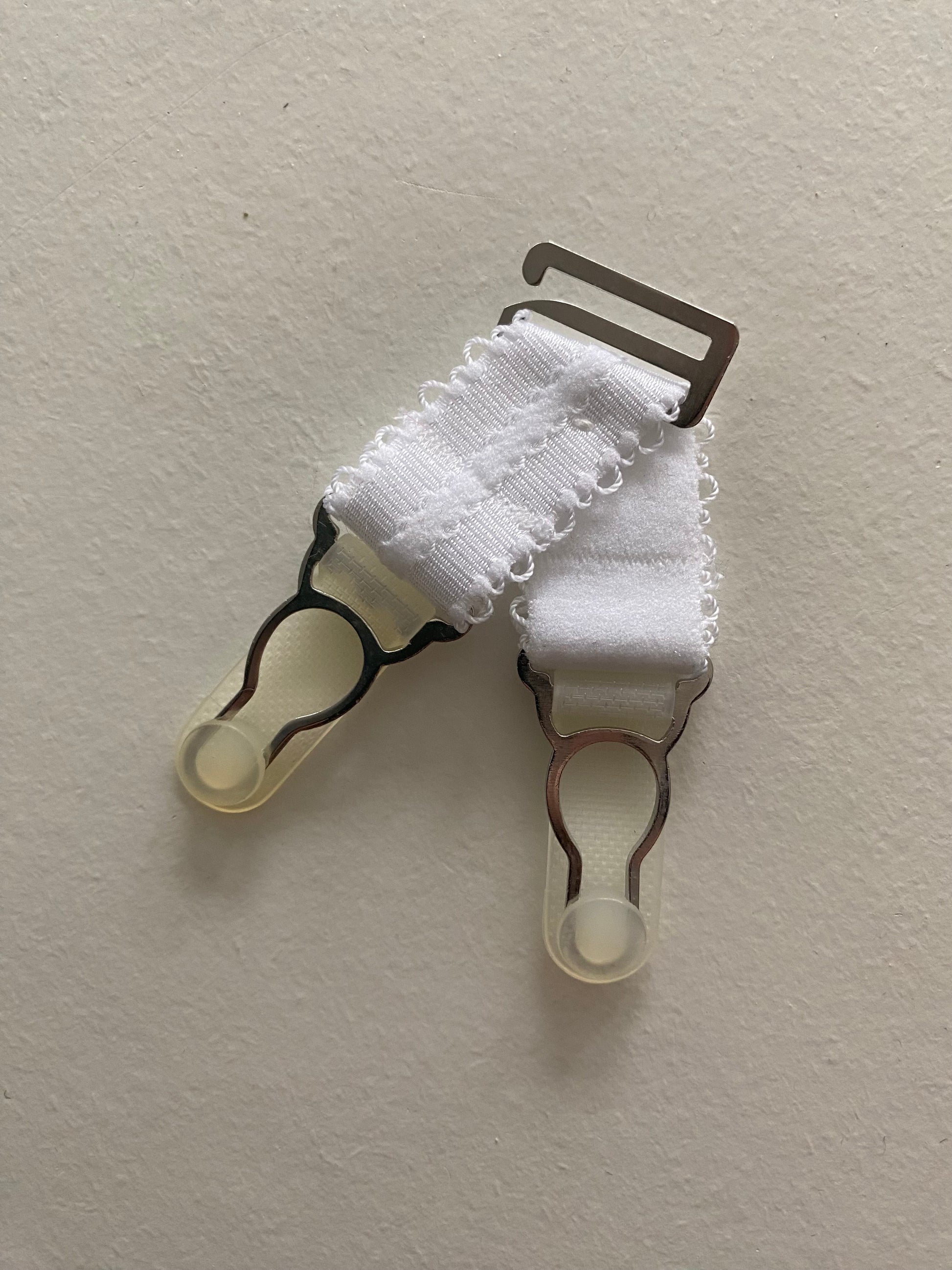 short detachable suspender straps  garter clips with hook for stockings. retro and vintage lingerie by Pip & Pantalaimon V STRAPS Extra Wide 20mm. Strong silver steel garter grips in black white or nude beige biscotti peach