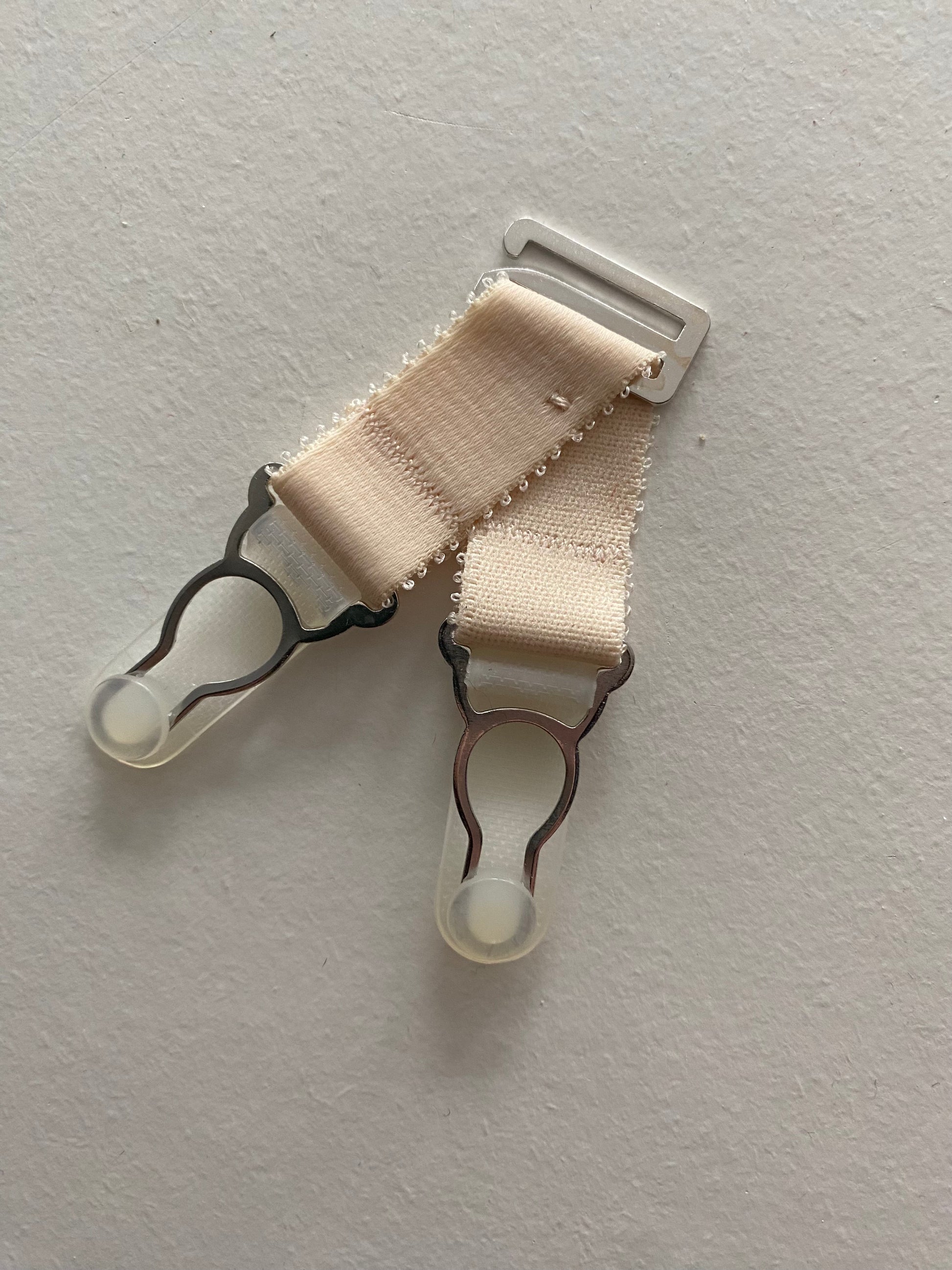 short detachable suspender straps  garter clips with hook for stockings. retro and vintage lingerie by Pip & Pantalaimon V STRAPS Extra Wide 20mm. Strong silver steel garter grips in black white or nude beige biscotti peach