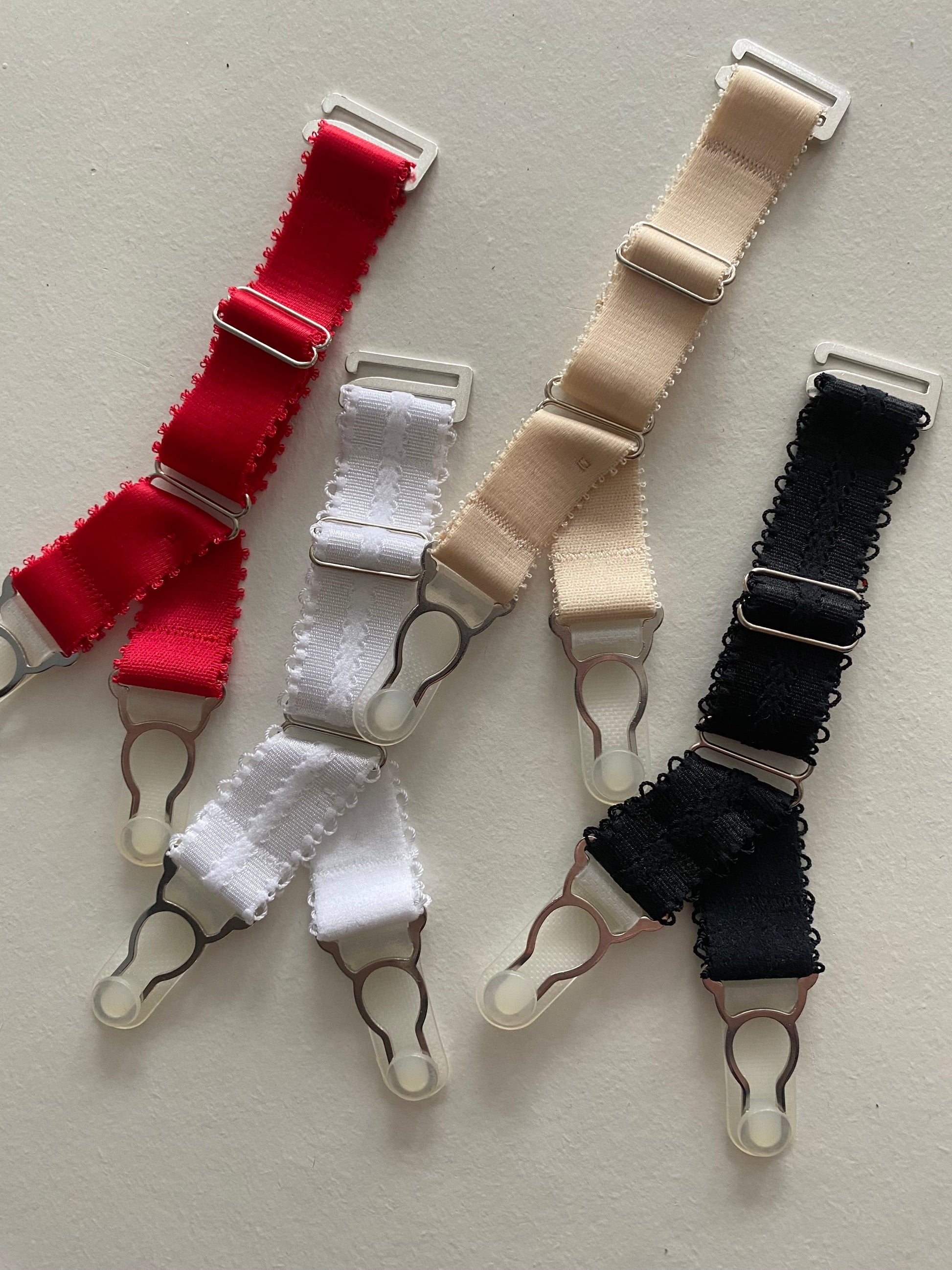  Double suspender straps Y strap garter with a hook on top to attach your corset or masque to seamed nylon stockings. 15mm wide elastic in colour black red white and nude beige biscotti peach.  20mm wide strong silver steel garter grips