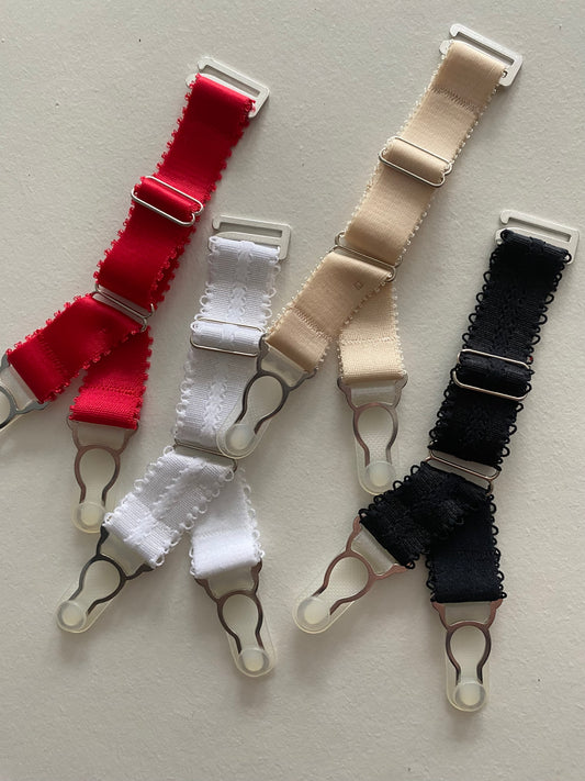  Double suspender straps Y strap garter with a hook on top to attach your corset or masque to seamed nylon stockings. 15mm wide elastic in colour black red white and nude beige biscotti peach.  20mm wide strong silver steel garter grips