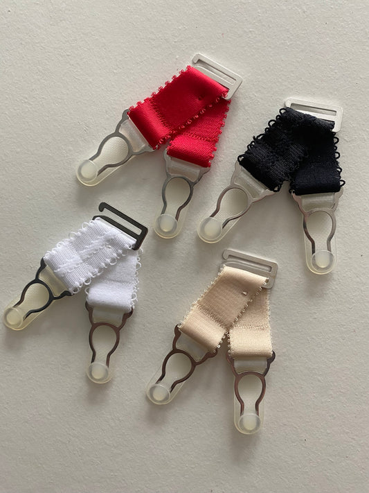 short detachable suspender straps  garter clips with hook for stockings. retro and vintage lingerie by Pip & Pantalaimon V STRAPS Extra Wide 20mm. Strong silver steel garter grips in black white or nude beige biscotti peach