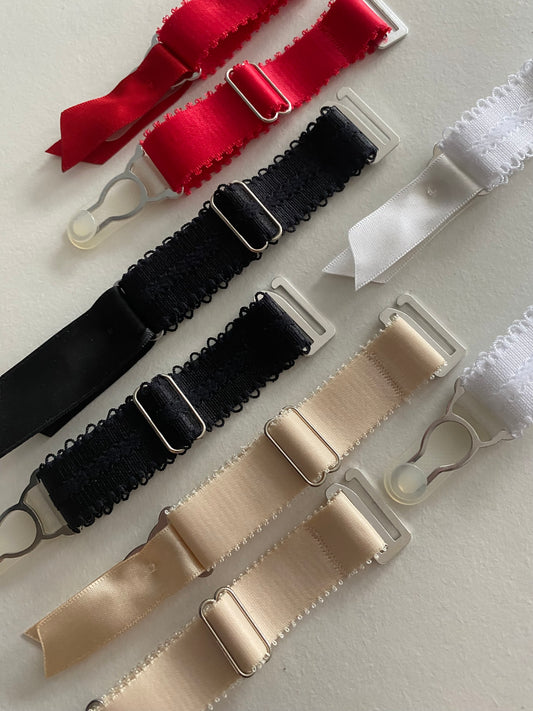 detachable suspender garter straps for lingerie and underwear. adjustable and removable replacements extra wide 20mm think strong straps for corset basque stockings garters. black elastic with strong silver steel garter grips