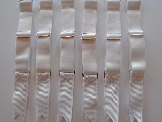 detachable suspender garter straps for lingerie and underwear. adjustable and removable replacementsWHITE ADJUSTABLE detachable suspender garter clips with hook for stockings. retro and vintage lingerie by Pip & Pantalaimon. white 15mm wide elastic with strong silver steel garter grips