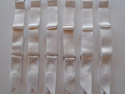 detachable suspender garter straps for lingerie and underwear. adjustable and removable replacementsWHITE ADJUSTABLE detachable suspender garter clips with hook for stockings. retro and vintage lingerie by Pip & Pantalaimon. white 15mm wide elastic with strong silver steel garter grips