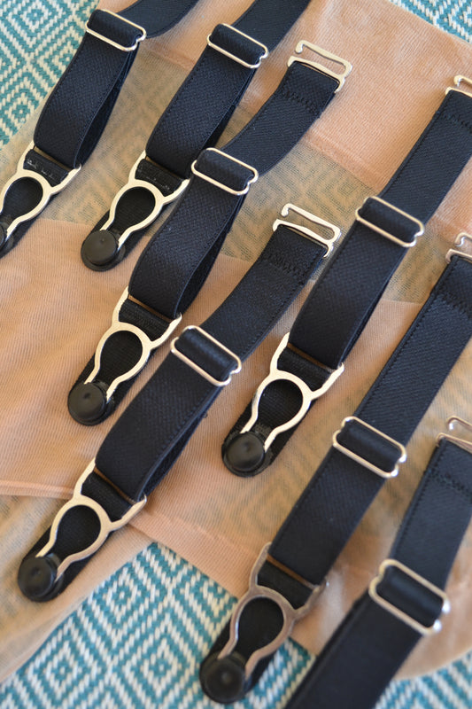 detachable suspender garter straps for lingerie and underwear. adjustable and removable replacements. Black elastic 15mm metal garter clips to attach to nylon seams stockings