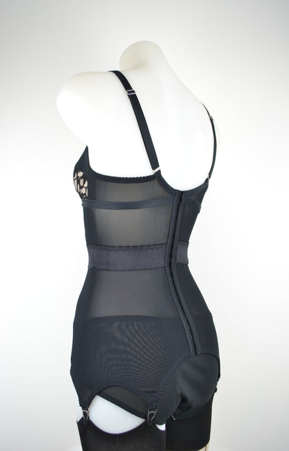 shaping corselette black lace corset  with 6 suspender garter straps by pip and pantalaimon retro and vintage inspired lingerie in plus size