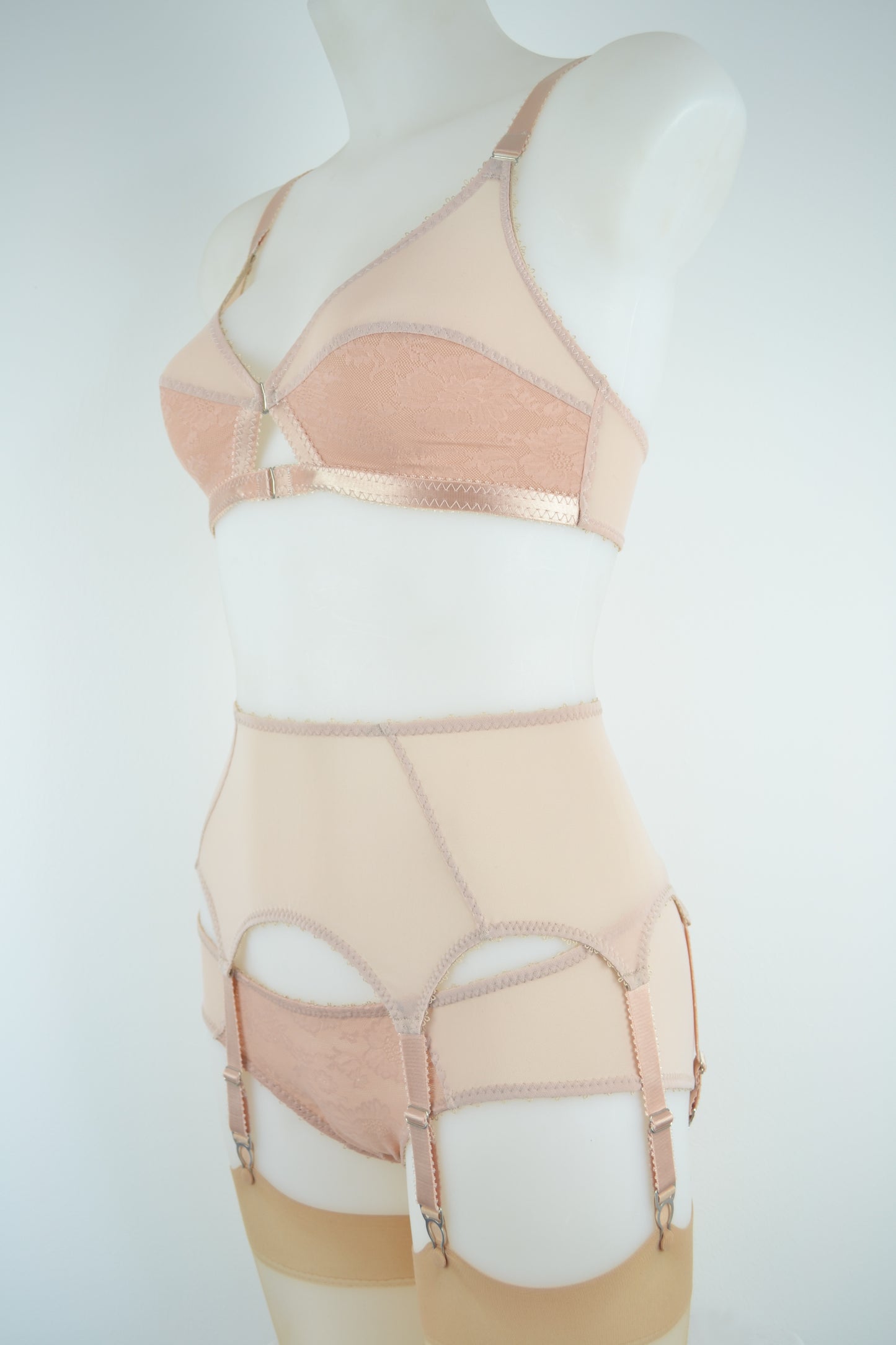sheer biscotti mesh 6 strap suspender garter belt plus size retro and vintage inspired lingerie by PIP AND PANTALAIMON made in the uk