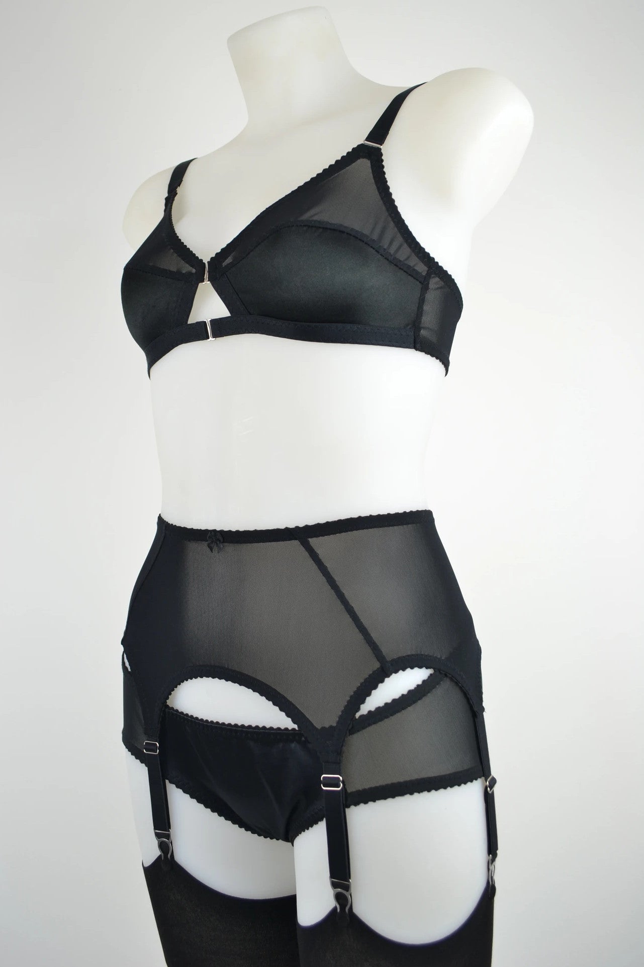 SHEER BLACK classic 6 strap metal clip suspender garter belt made in the uk available in plus size by pip and pantalaimon. Transgender non-binary underwear and lingerie