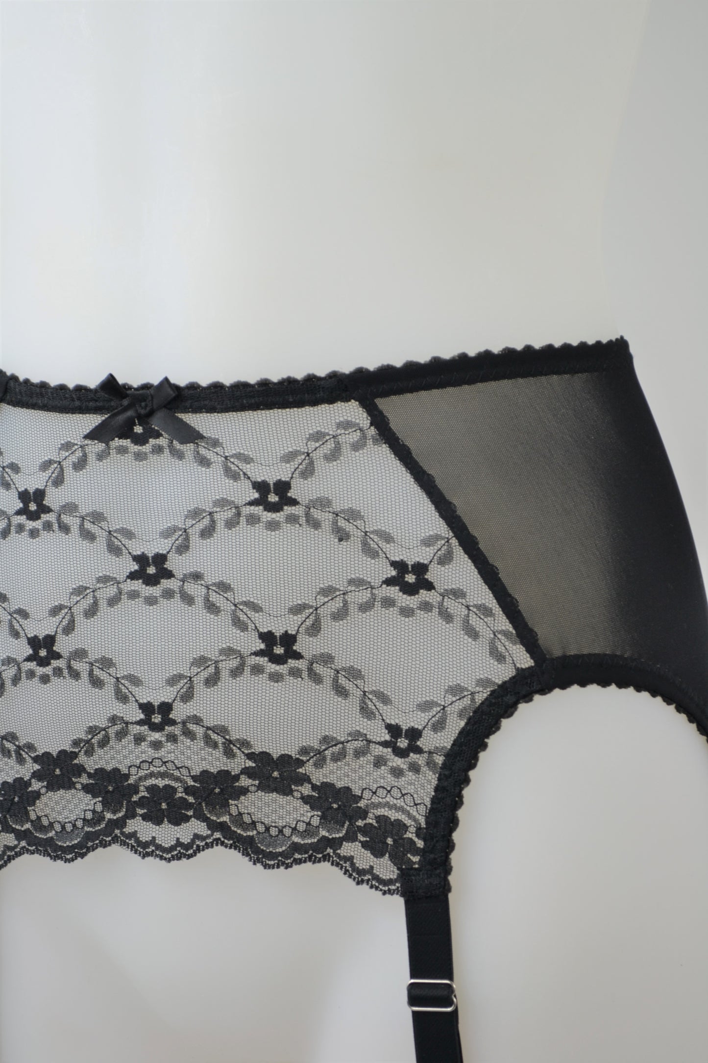 sheer black lace 6 strap suspender garter belt in plus size made ethically in the uk, sustainable lingerie by pip and pantalaimon vintage and retro inspired underwear shapewear