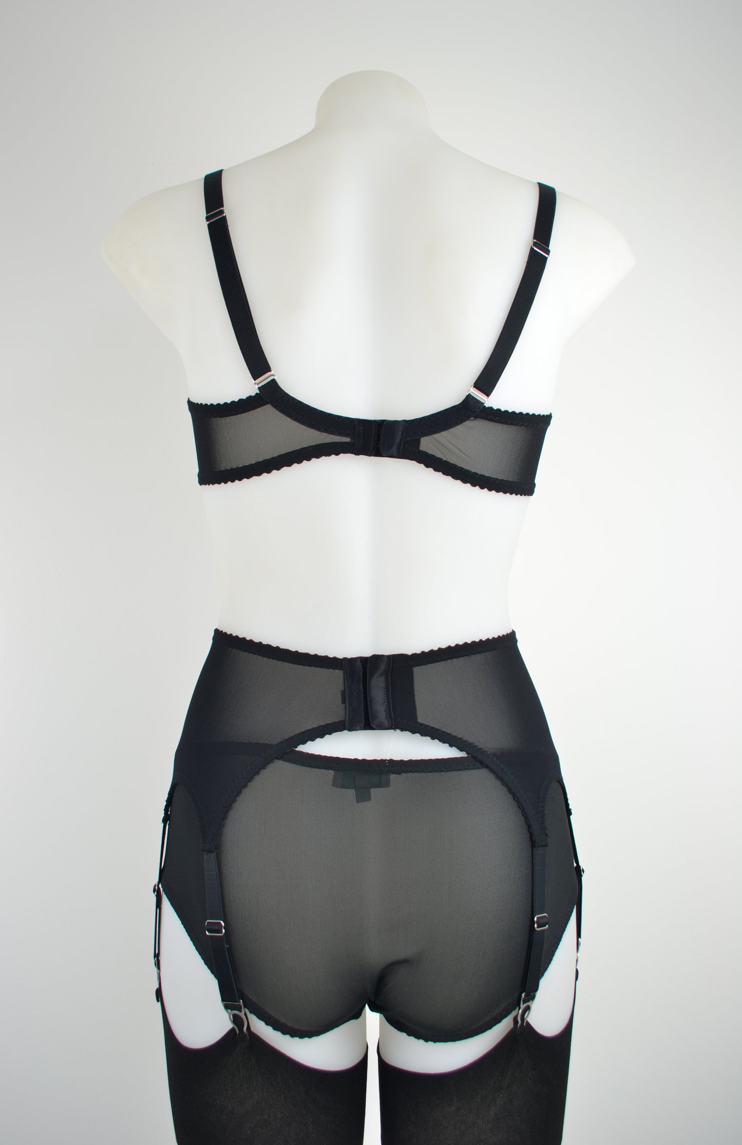 SHEER BLACK classic 6 strap metal clip suspender garter belt made in the uk available in plus size by pip and pantalaimon