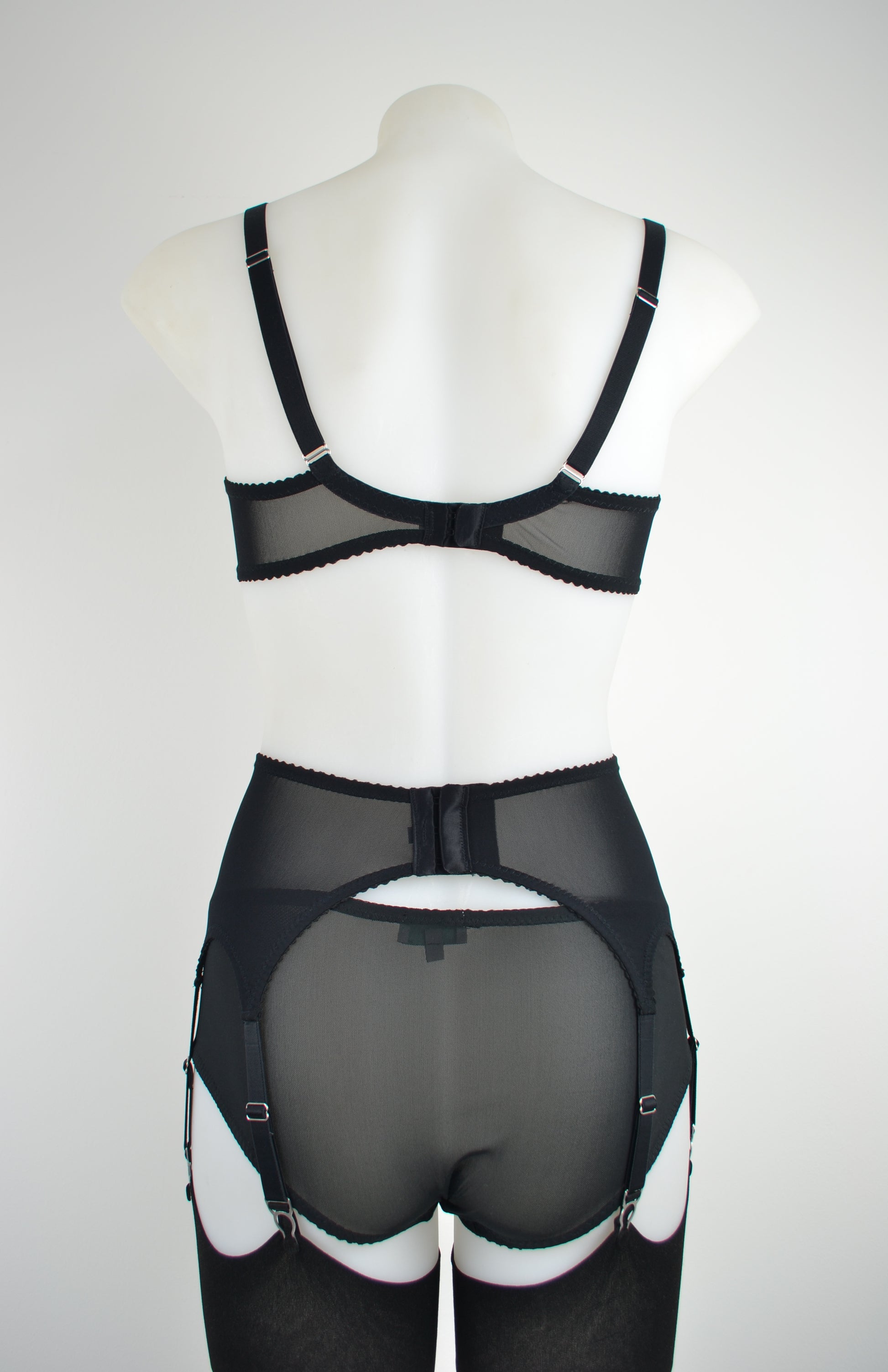 SHEER BLACK classic 6 strap metal clip suspender garter belt made in the uk available in plus size by pip and pantalaimon