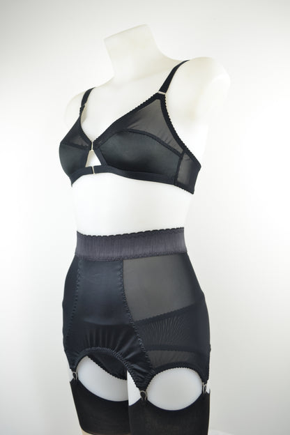 black satin waist cinching 6 strap girdlette by Pip and Pantalaimon vintage and retro inspired lingerie plus size