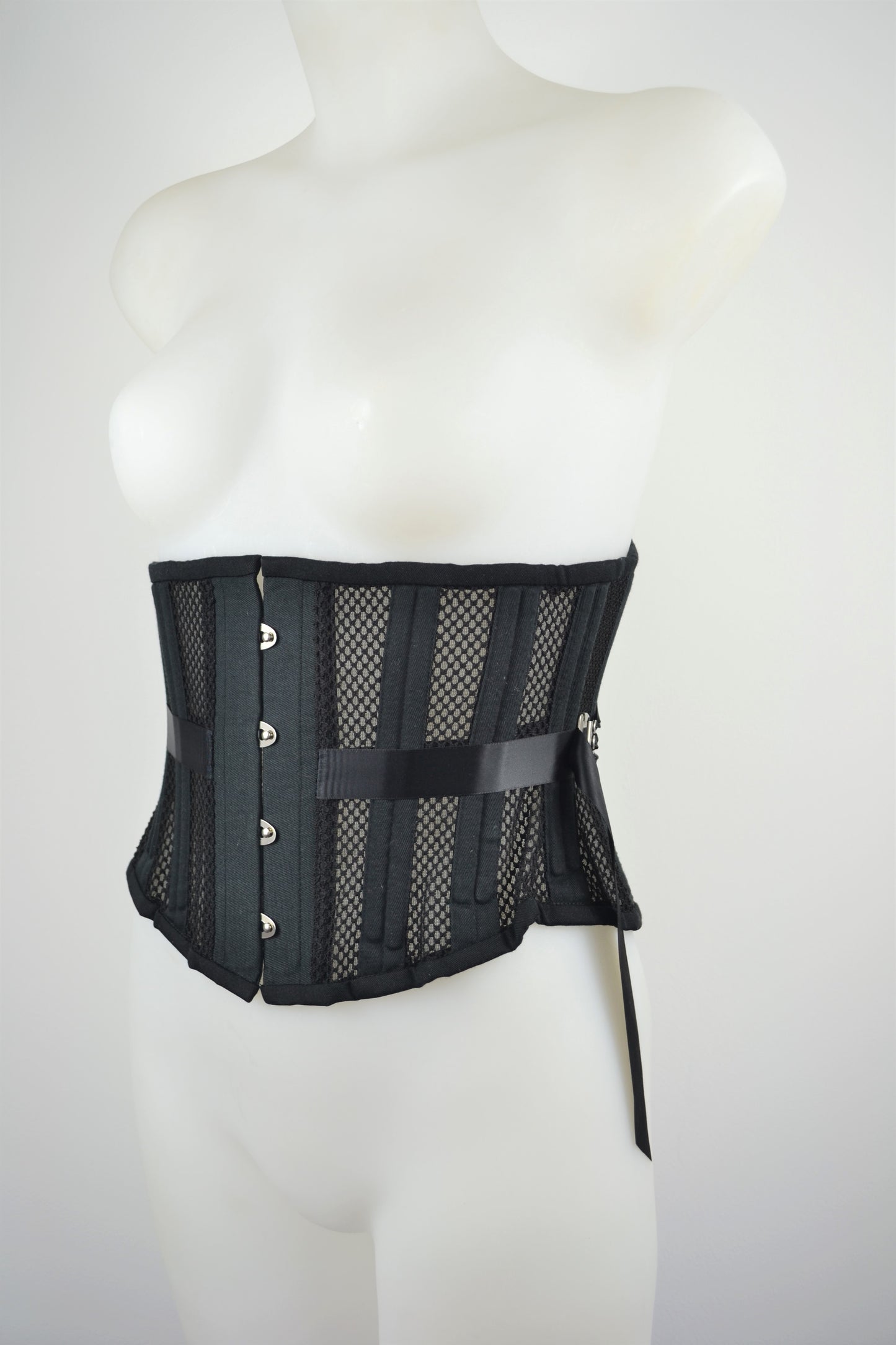 fan lace corset plus size underbust black mesh corset, retro and vintage lingerie made in the uk ethically and sustainably by pip and pantalaimon