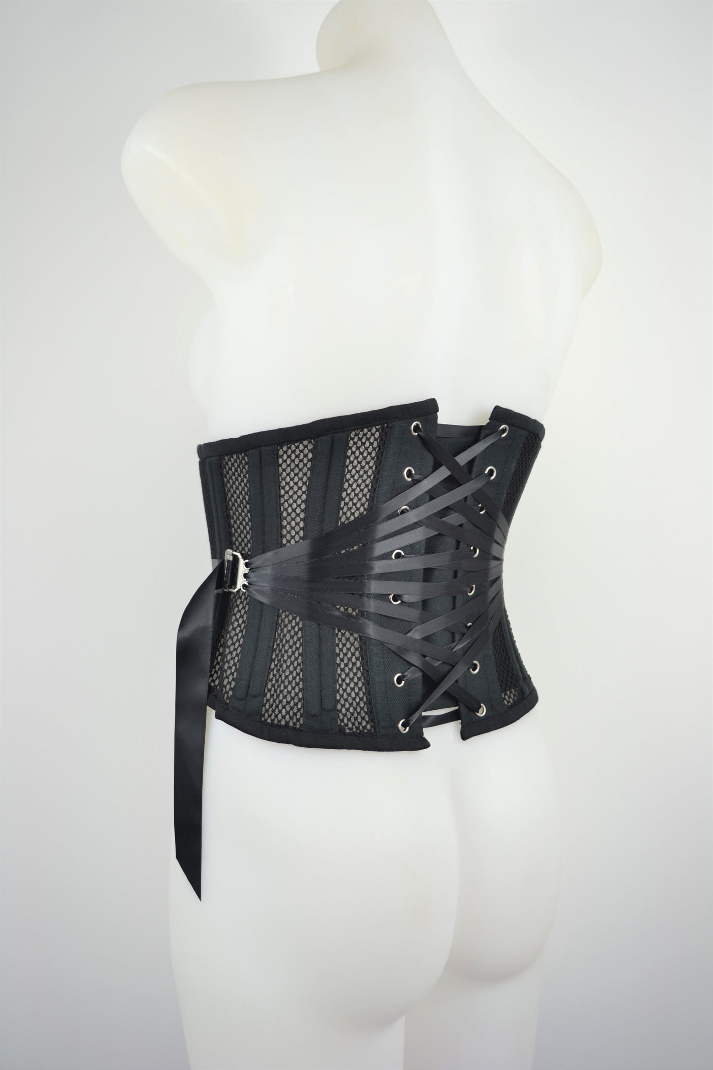 fan lace corset plus size underbust black mesh corset, retro and vintage lingerie made in the uk ethically and sustainably by pip and pantalaimon