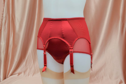 red satin shapewear lingerie. Vintage inspired valentines underwear. Red shapewear satin and red power net underwired bra, six strap suspender belt with steel garter clips and classic cut knicker or high waisted pantie girdle. Custom made red lingerie made to order in the UK. Red satin underwear with no lace. Perfect for Christmas and Valentines